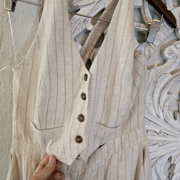 Zara Women’s Striped Linen Halter Neckline Button Up Vest Design Jumpsuit - Picture 5 of 12